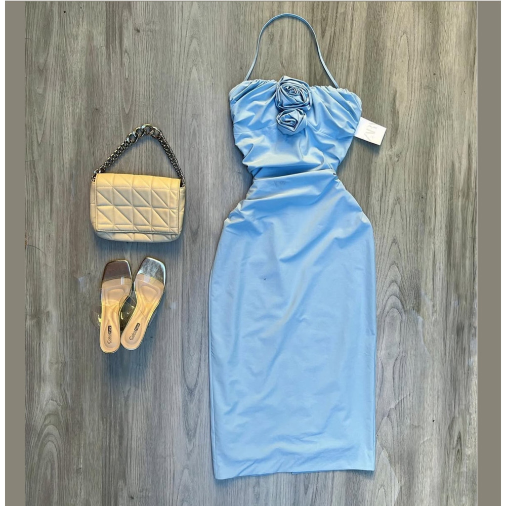 Zara NWT Sky Blue Rosette Strapless Midi Dress S XL - Picture 16 of 16